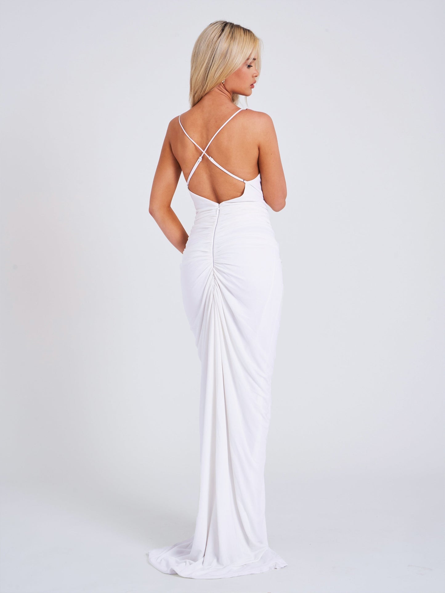 Glen Strappy Deep V Backless Maxi Dress (White)