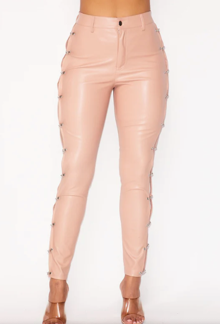 Felicia Faux Leather Pants with Rhinestone Safety Pin Detail in Nude