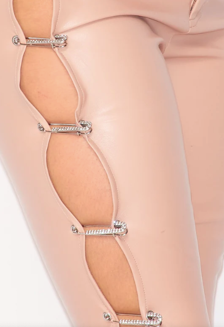 Felicia Faux Leather Pants with Rhinestone Safety Pin Detail in Nude