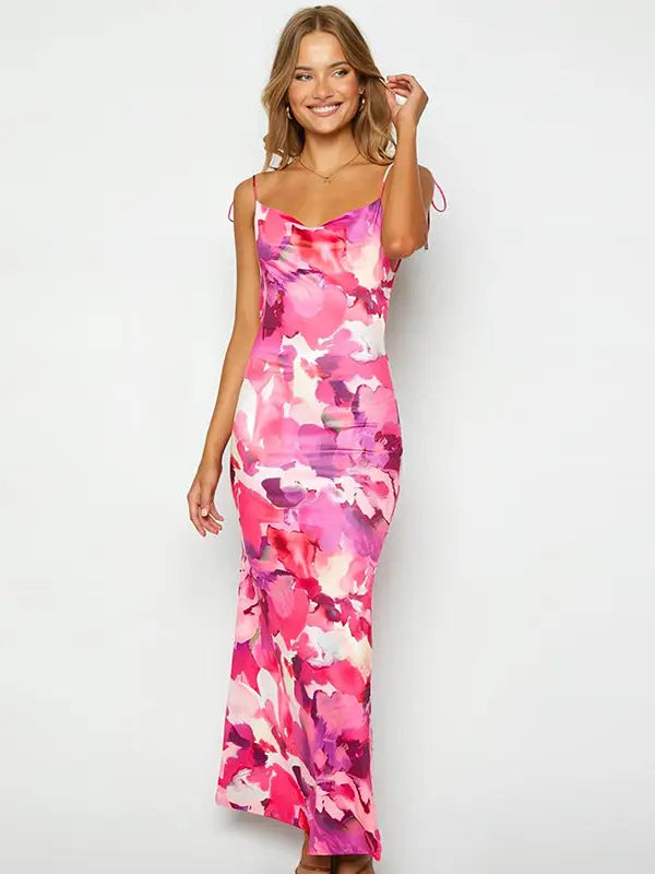 Floral Print Maxi Dress Low Back Pink White