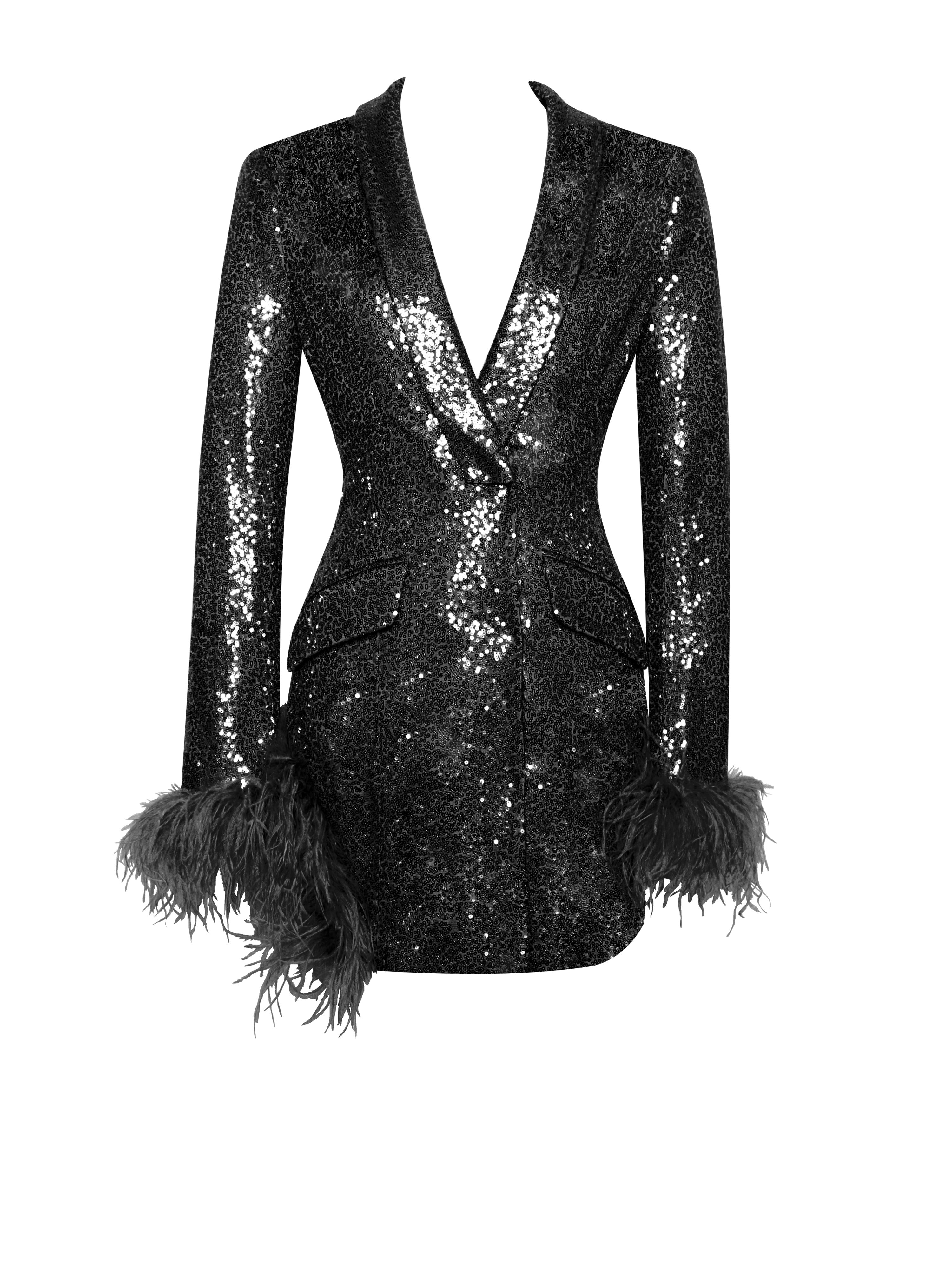 Quesia Black Sequin Feather Trim Blazer Dress – Penderié, Inc