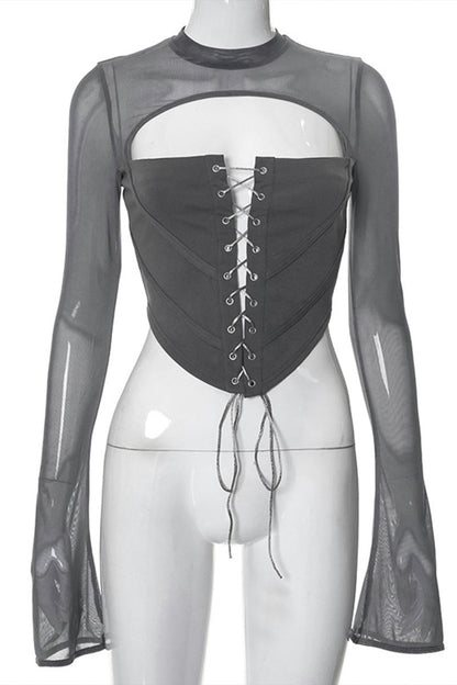 Larsa Mesh Corset Long Sleeve Top in Grey